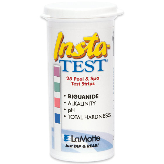 A white plastic container labeled Insta Test Biguanide Test Strips by SPD holds 25 pool test strips for biguanide, alkalinity, pH, and hardness, with a color chart featured on the side.