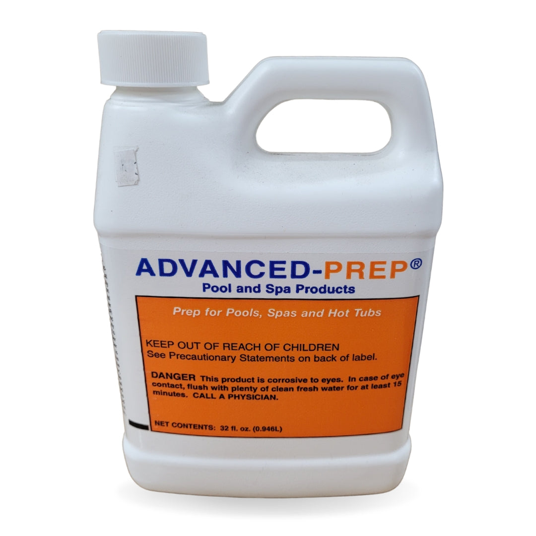 A white 32 oz. SPD Advanced Prep bottle with an orange warning label to keep out of children’s reach; includes directions for pool start-up and spa prep, plus tips on removing minerals from pools, spas, and hot tubs.