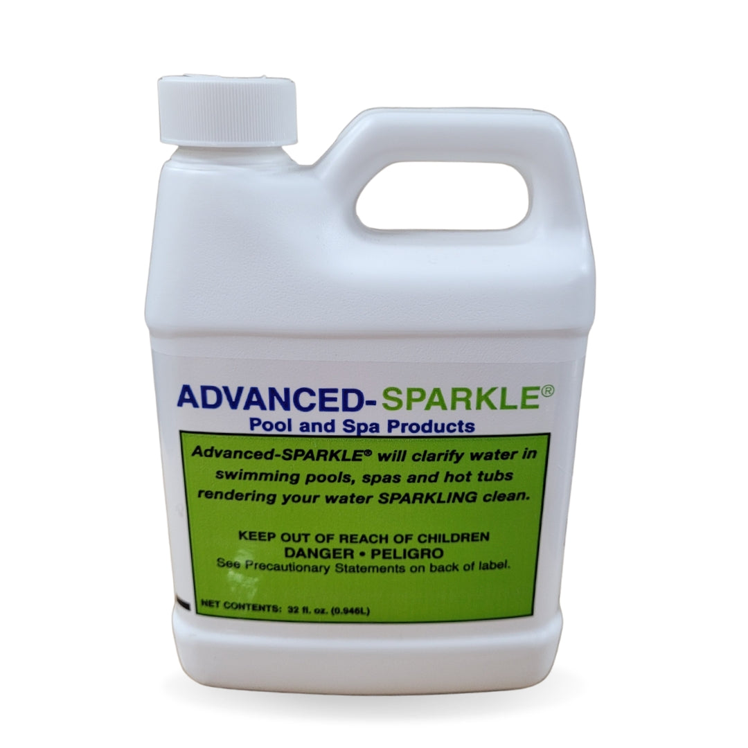 A white 32 oz. bottle labeled SPD Advanced Sparkle clarifies cloudy water in pools, spas, and hot tubs for sparkling clean results. The label reads: Keep Out of Reach of Children.