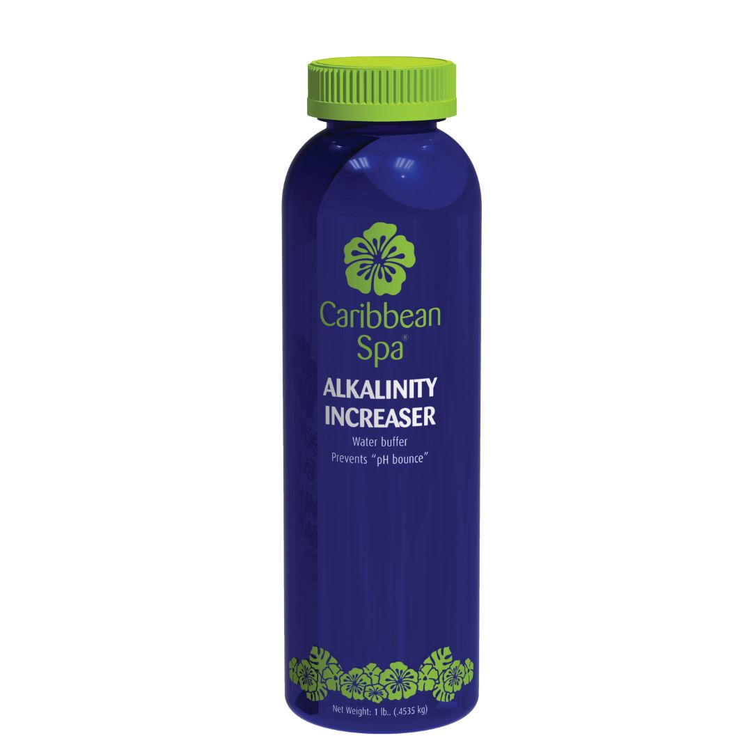 A blue bottle of SPD Caribbean Spa Alkalinity Increaser with a green cap and floral accents, labeled as a water buffer to maintain proper alkalinity and stable pH levels in your spa.