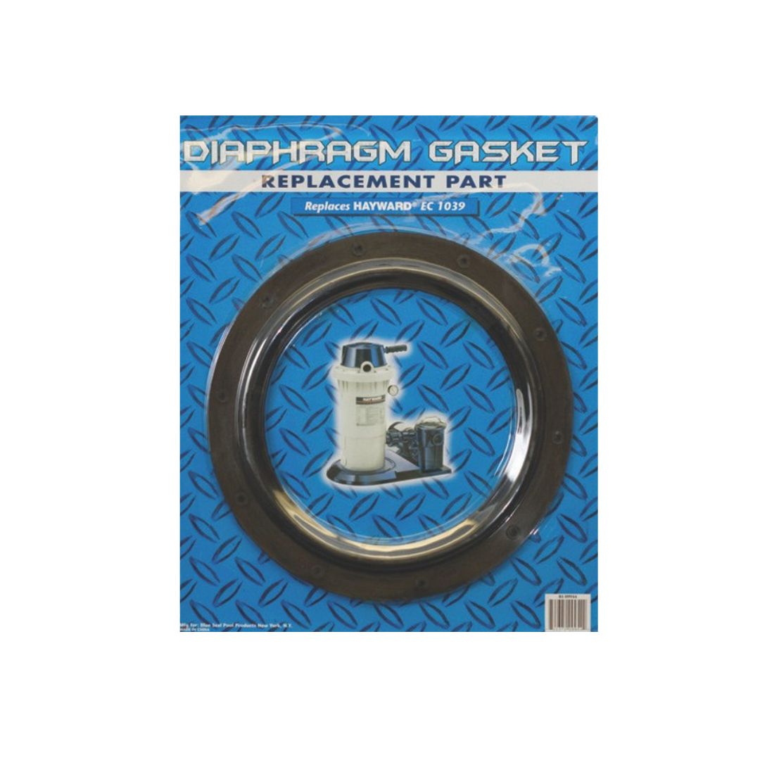 The Swimming Pool Discounters EC-30 Diaphragm Gasket, a circular black Hayward EC-1039 replacement, is packaged on a blue geometric card featuring pool equipment and highlights compatibility with Hayward EC-1039.