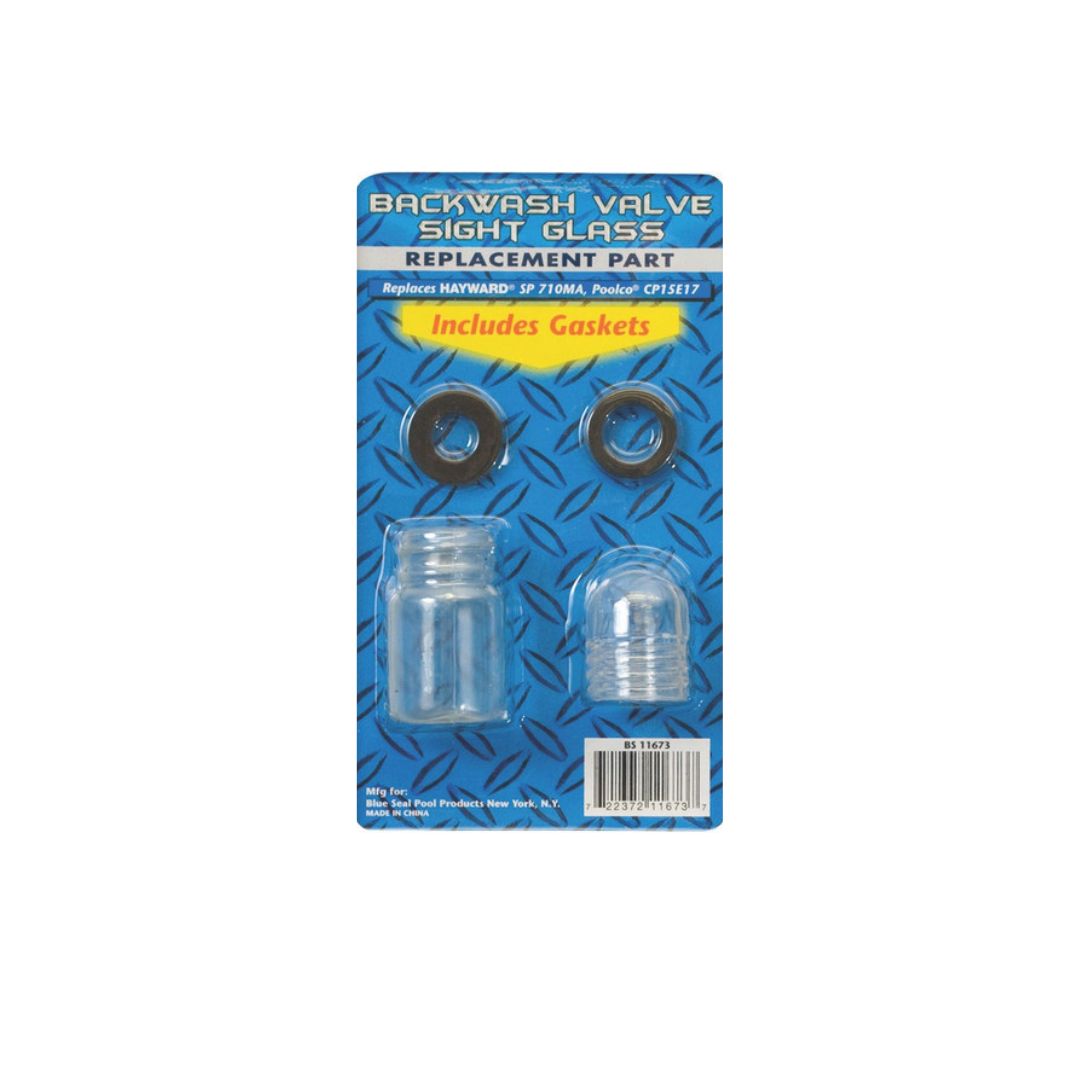 The blue Universal Backwash Valve Sight Glass - Hayward SP710MA by Swimming Pool Discounters includes 2 gaskets and 2 clear sight glass pieces, with packaging listing contents and Hayward Sand Filter compatibility.