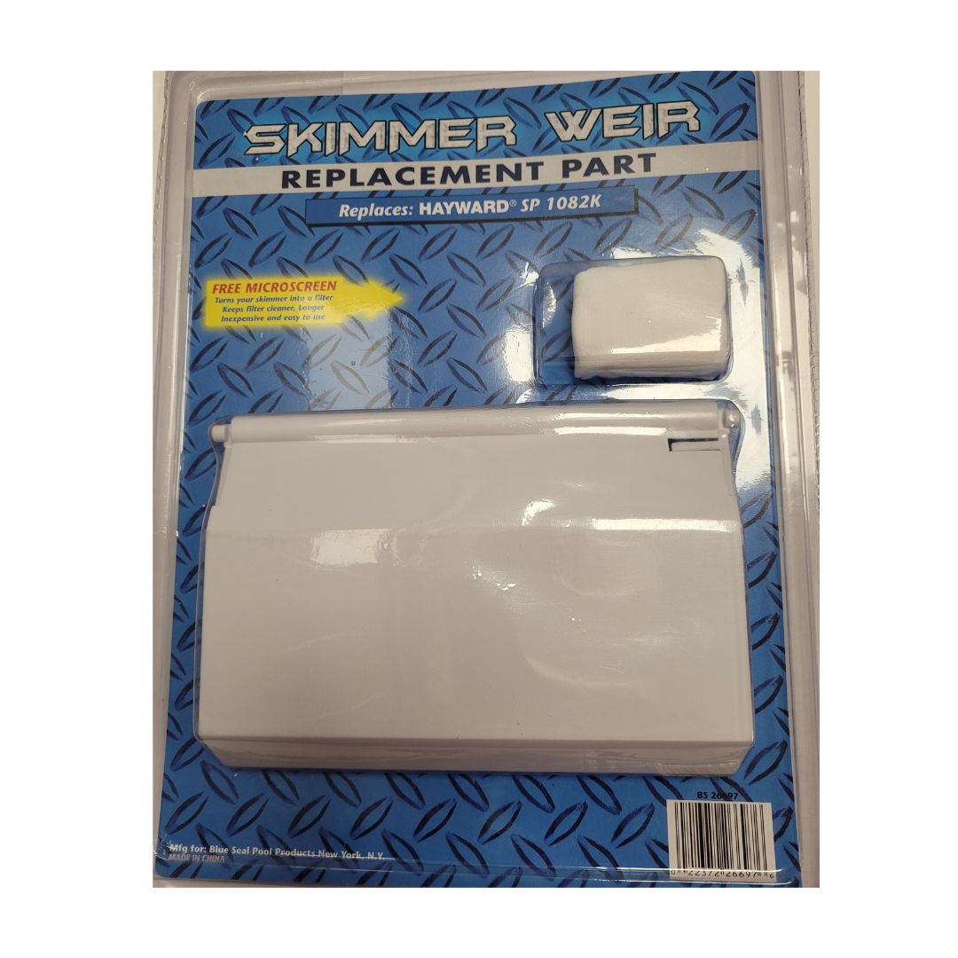 A packaged Weir Hayward SP 1082K by Swimming Pool Discounters is shown on a blue patterned background, displaying the main skimmer weir piece and a smaller separate part.