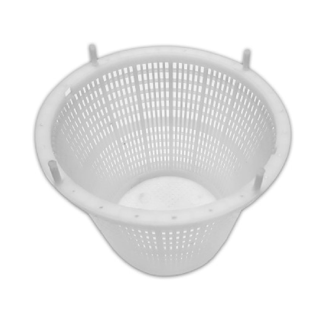 The SPD Doughboy Deluxe Skimmer Basket (340-1139) is a white, round plastic mesh basket with tapered sides and small rim pegs, designed as a replacement for Doughboy pool skimmers.