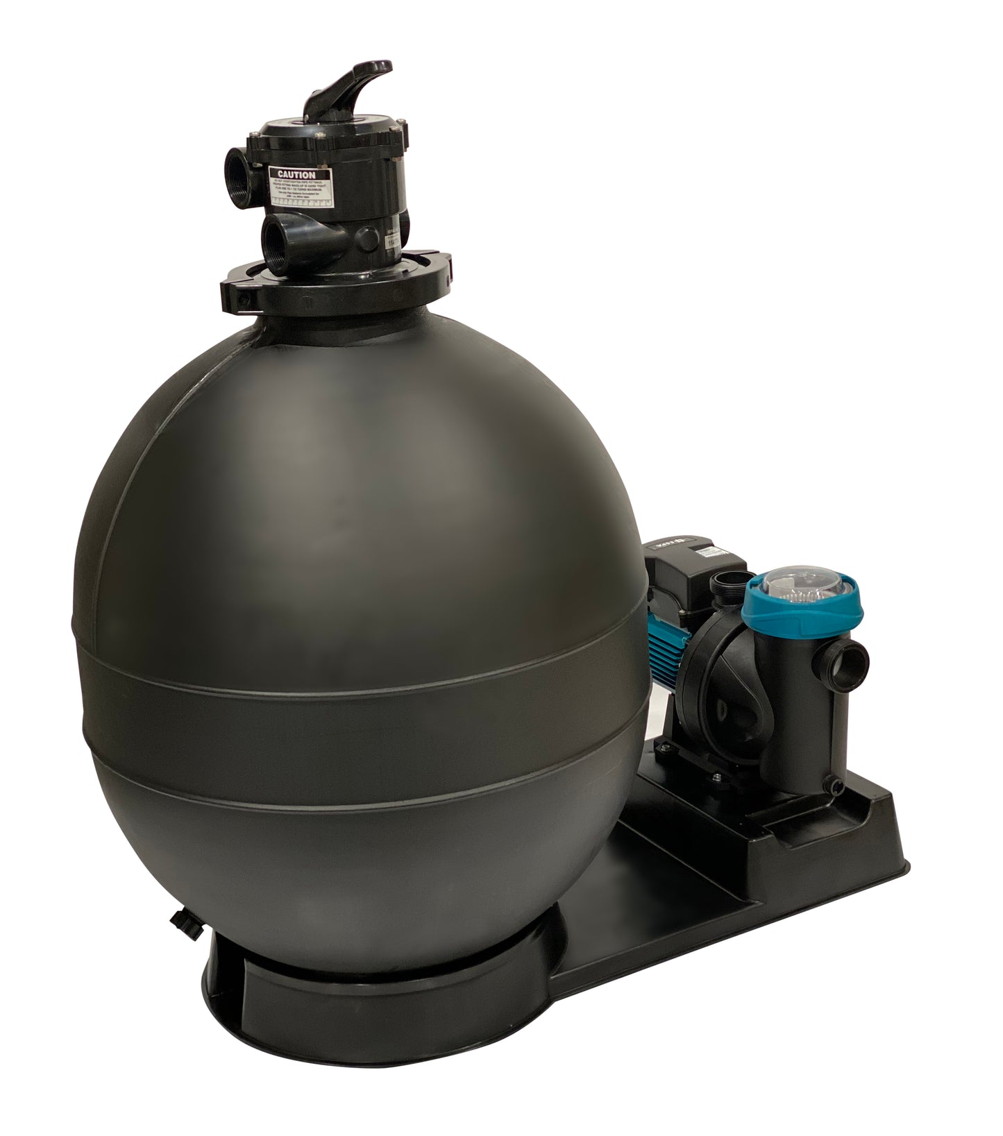 The Lomart 23 in. Spectra Sand Filter System includes a large round tank, top-mounted multiport valve, and a 1.5 HP Espa Energysaver Pump (115V), all on a single base.