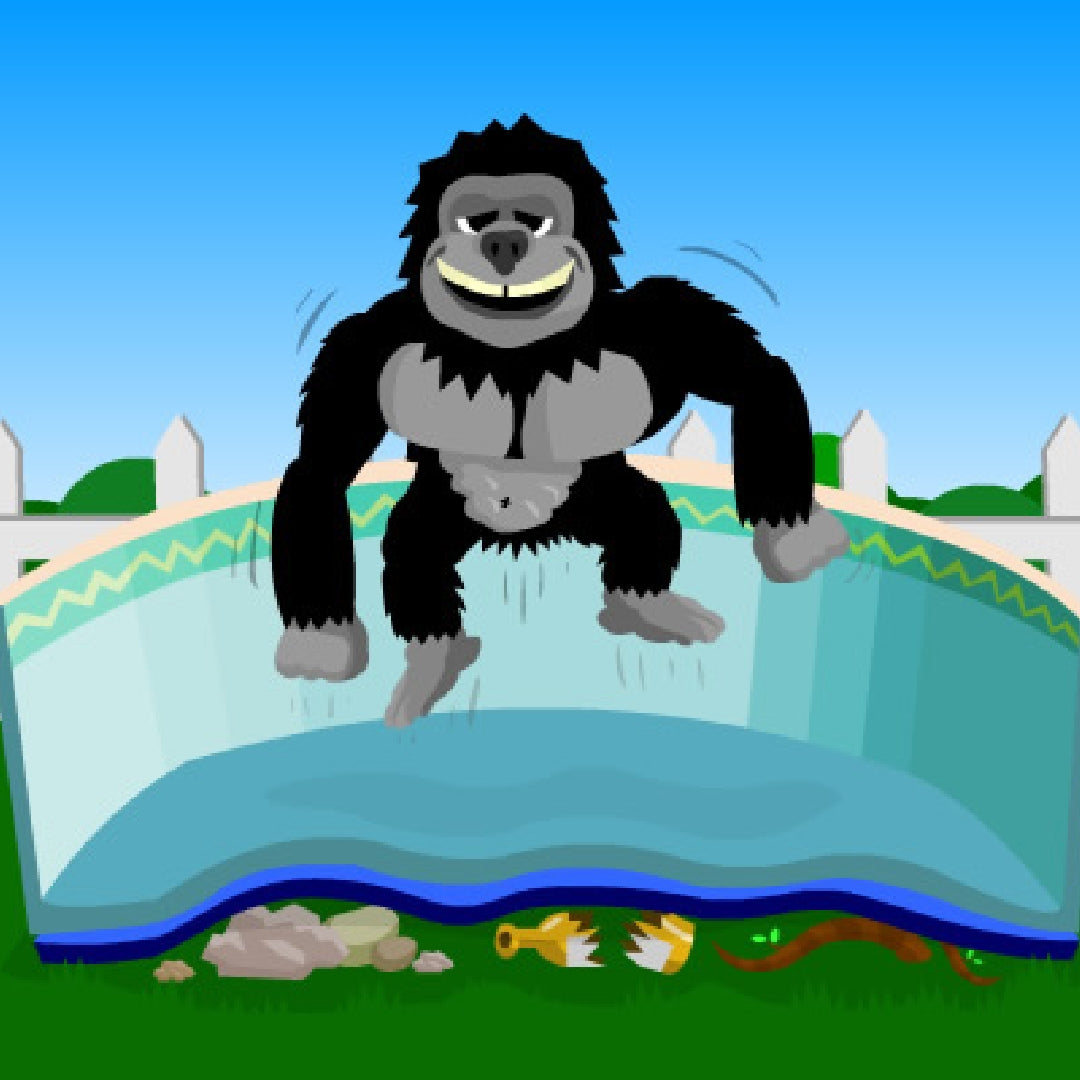 A cartoon gorilla joyfully jumps on a trampoline in a backyard, safely cushioned by SwimmingPoolDiscounters’ Gorilla GEO Floor Pad Protection, which shields against scattered objects and broken items under the trampoline.