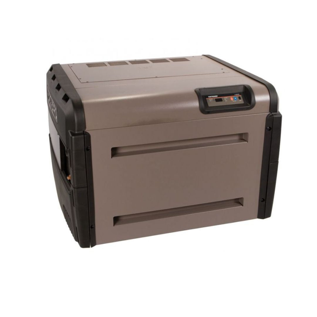 The Hayward Universal H Series H-200,000 BTU Low Nox Natural Gas Pool Heater by Swimming Pool Discounters is a large, rectangular gray and black in-ground unit with a cupronickel heat exchanger and top front right control panel, shown on white.