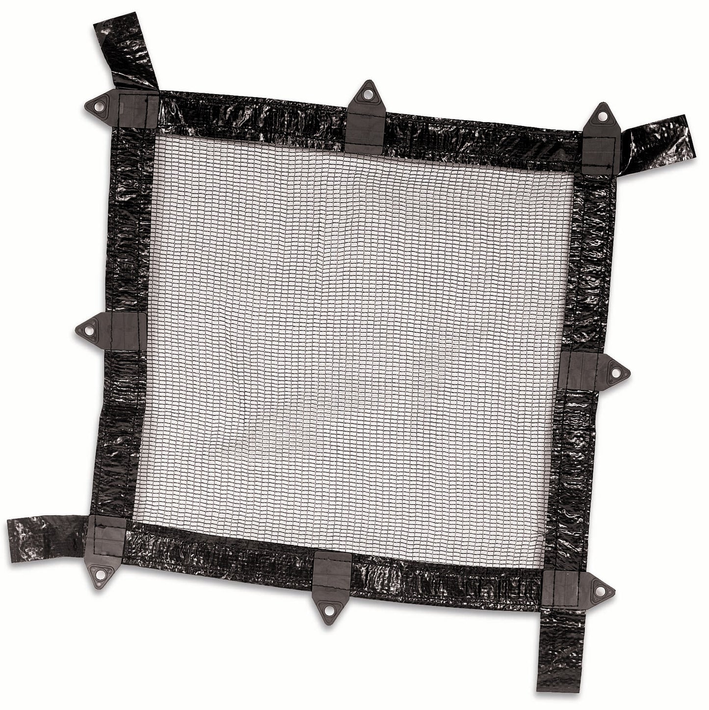 The SwimmingPoolDiscounters Deluxe Leaf Guard Cover is a square black mesh pool net with reinforced edges and eight securing loops, shown flat on a white background.