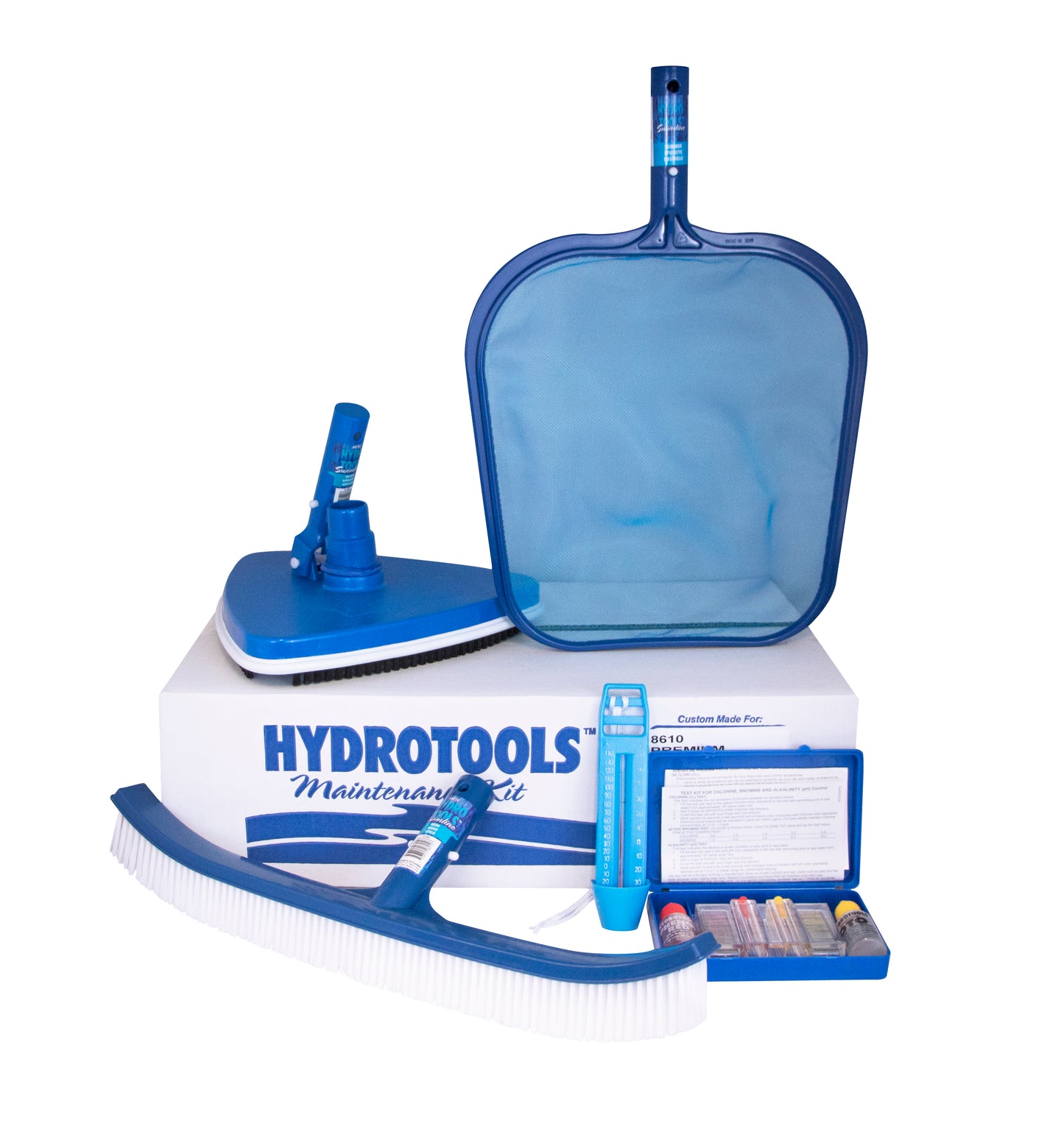 The SPD Premium Maintenance Package includes key pool cleaning tools—skimmer net, brush, vacuum head, water test kit, and chemical bottles—all shown in front of a white SPD Premium Maintenance Package box.