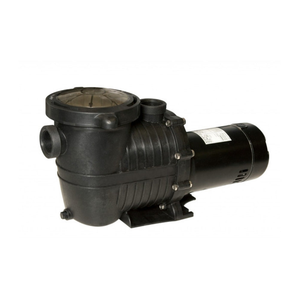 The SPD 1.0 HP Maxi Force In-Ground Pool Pump features a corrosion-proof reinforced thermoplastic body, a cylindrical high-performance motor, and a transparent lid on the intake housing, shown horizontally on a white background.