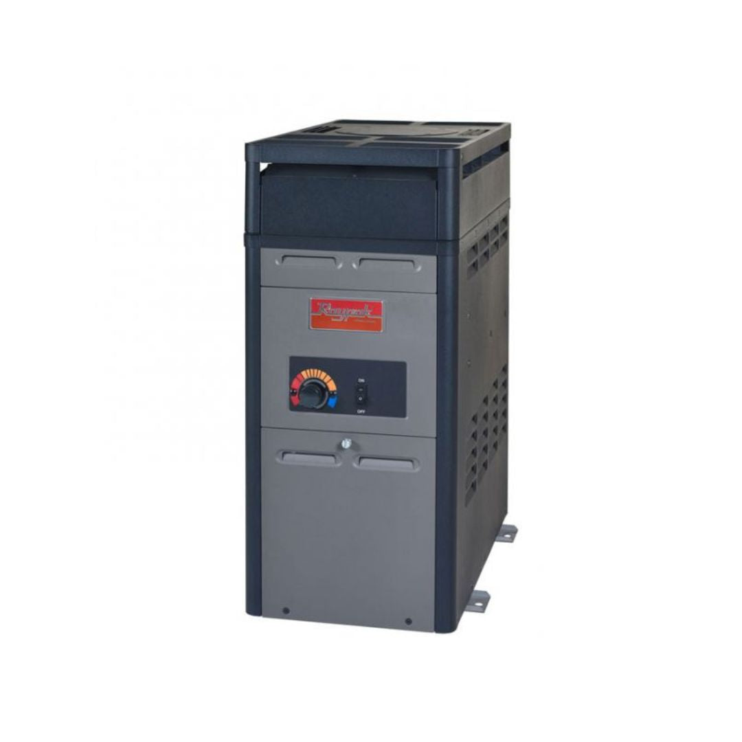 The 106,000 BTU Raypak Gas Heater from Swimming Pool Discounters features a gray and black design, control knob with display panel on the front, vented side panels, and a red manufacturer label on the upper front.