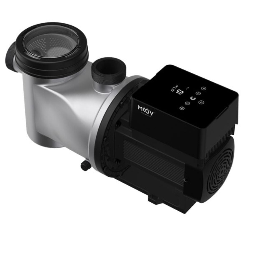 The Moov Ai 1.65 HP Variable Speed Pump by Swimming Pool Discounters features a black and silver design, digital control panel with display and buttons, visible inlet/outlet ports, and is engineered for energy-efficient performance.