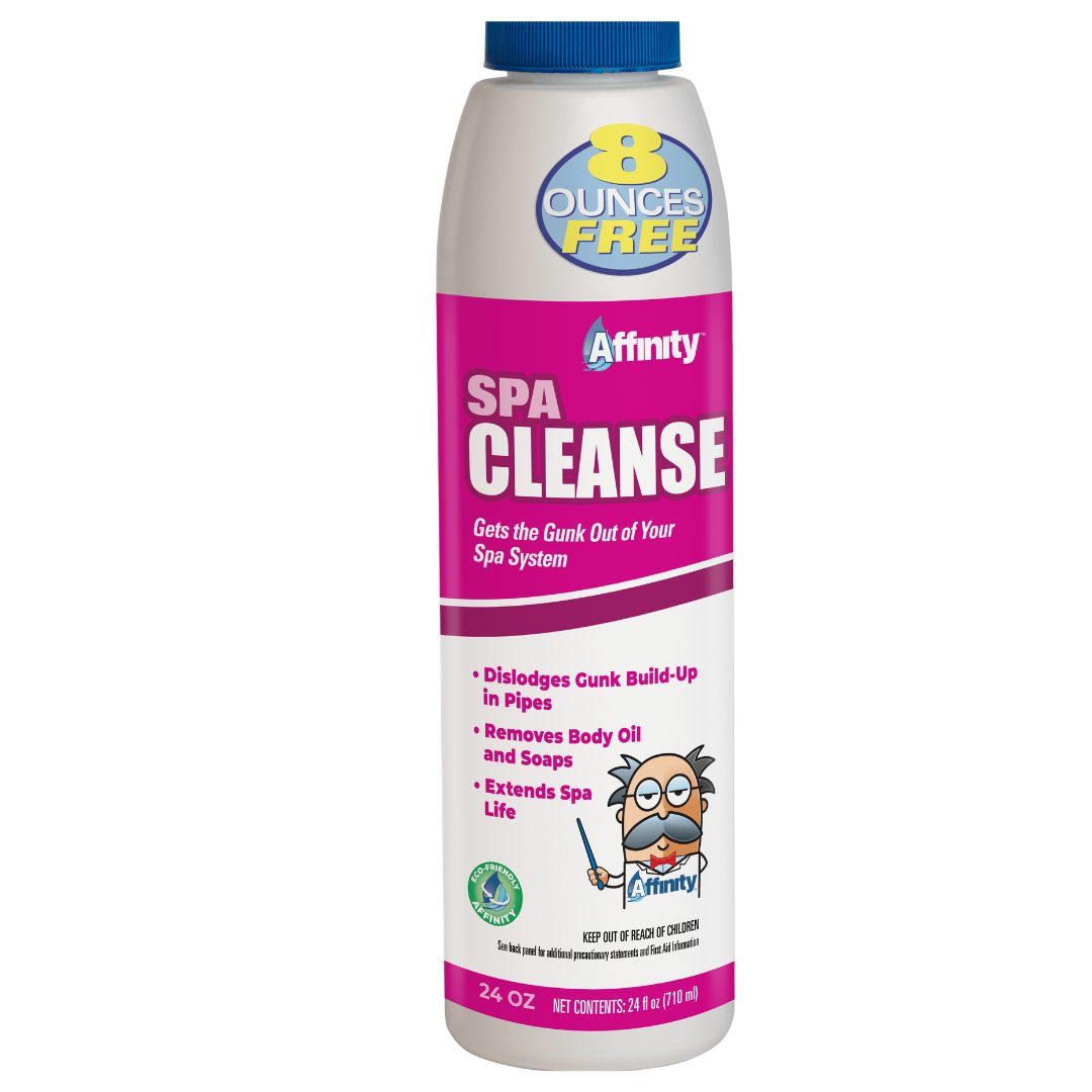 Affinity Spa Cleanse (24oz) from Swimming Pool Discounters dissolves buildup, removes body oils, and extends spa life. The label features a cartoon character, a pink design, notes “8 ounces free,” and promotes use as a hot tub cleanser.