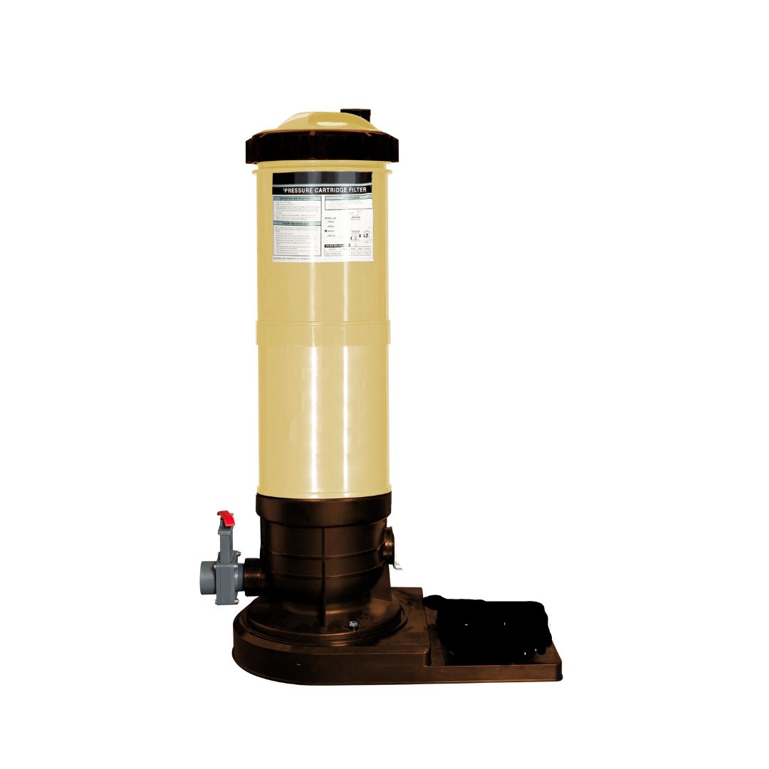 The 180 sq. ft. PRC Cartridge Filter w Base by SwimmingPoolDiscounters features a tall, cylindrical design with a beige upper body, black base, and side control valve—delivering superior water quality as part of hydromatic filter systems.