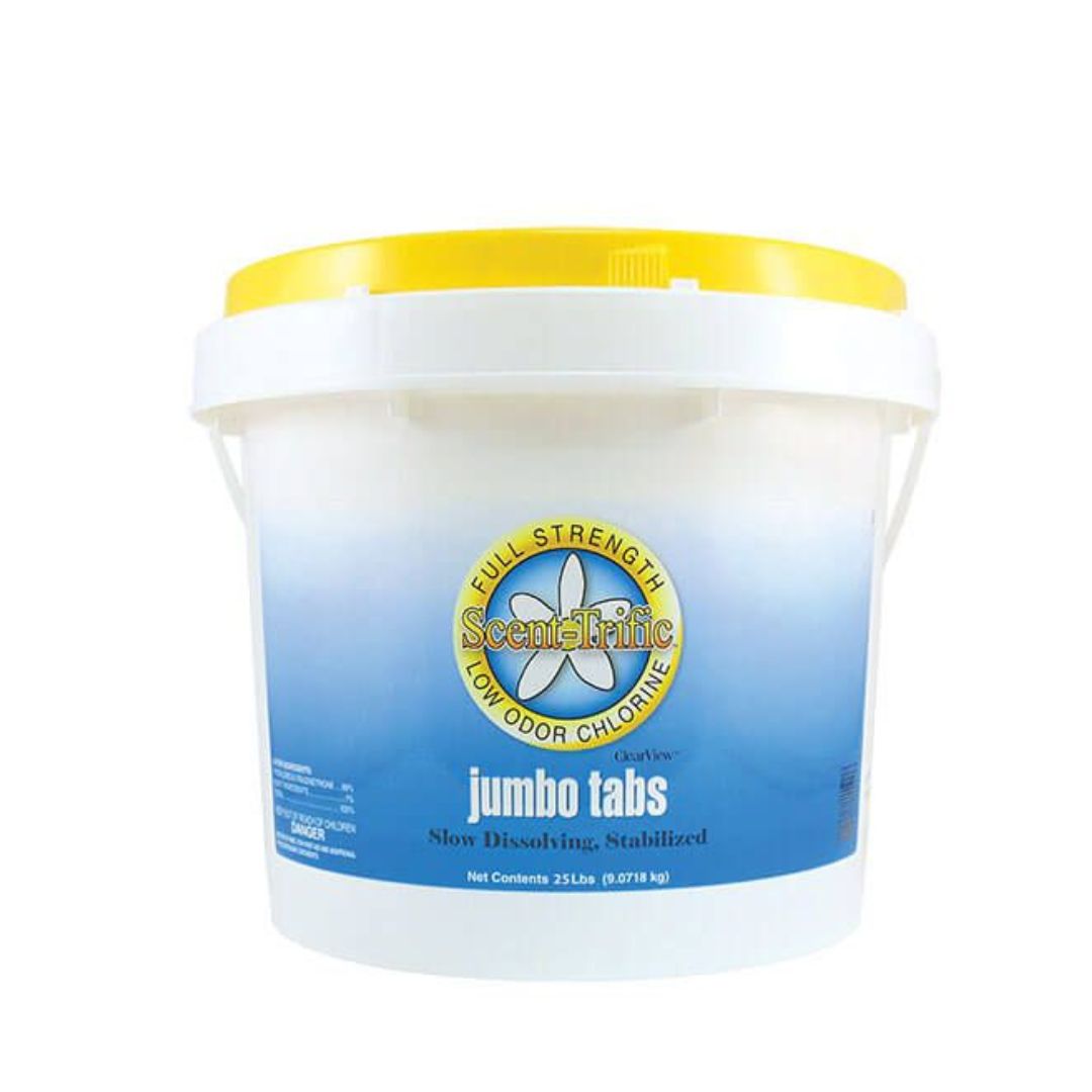 A 25LB white plastic bucket of SPD Clearview Scent-Trific 3" Chlorine Tabs with slow-dissolving, low-odor formula for pool sanitizing, featuring a yellow lid.