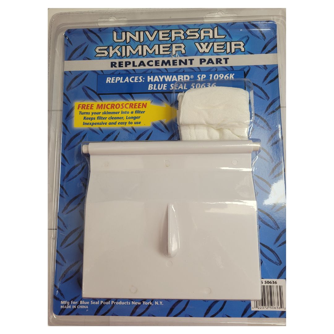Packaging for the Swimming Pool Discounters Universal Skimmer Weir (replaces Hayward SP 1096K) shows a white plastic skimmer and mesh screen in a clear blister pack on a blue background, highlighting compatibility and features.