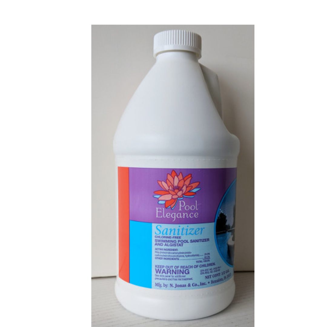 The SPD Pool Elegance Sanitizer 1/2 Gallon Bottle (Biguanide) features a white plastic design with blue, purple, and orange label accents and warnings; its Biguanide-based formula cleans pools gently with no eye burn or odor.