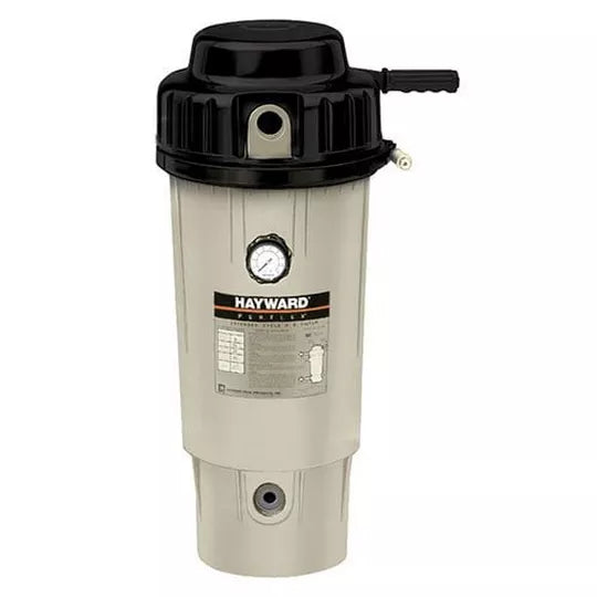 A beige SPD Perflex EC 50 DE filter cartridge with a black top, built-in pressure gauge, two pipe connection points, and a handle. The SPD brand label and pool filter specifications are visible on the front.