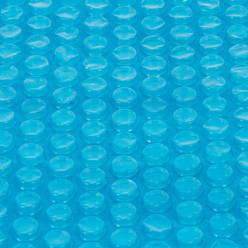 Close-up of the 24 ft Round Heavy Duty Blue Bubble Solar Cover by Swimming Pool Discounters, showing rows of blue, air-filled bubbles that create a textured, repeating pattern like a swimming pool solar blanket.