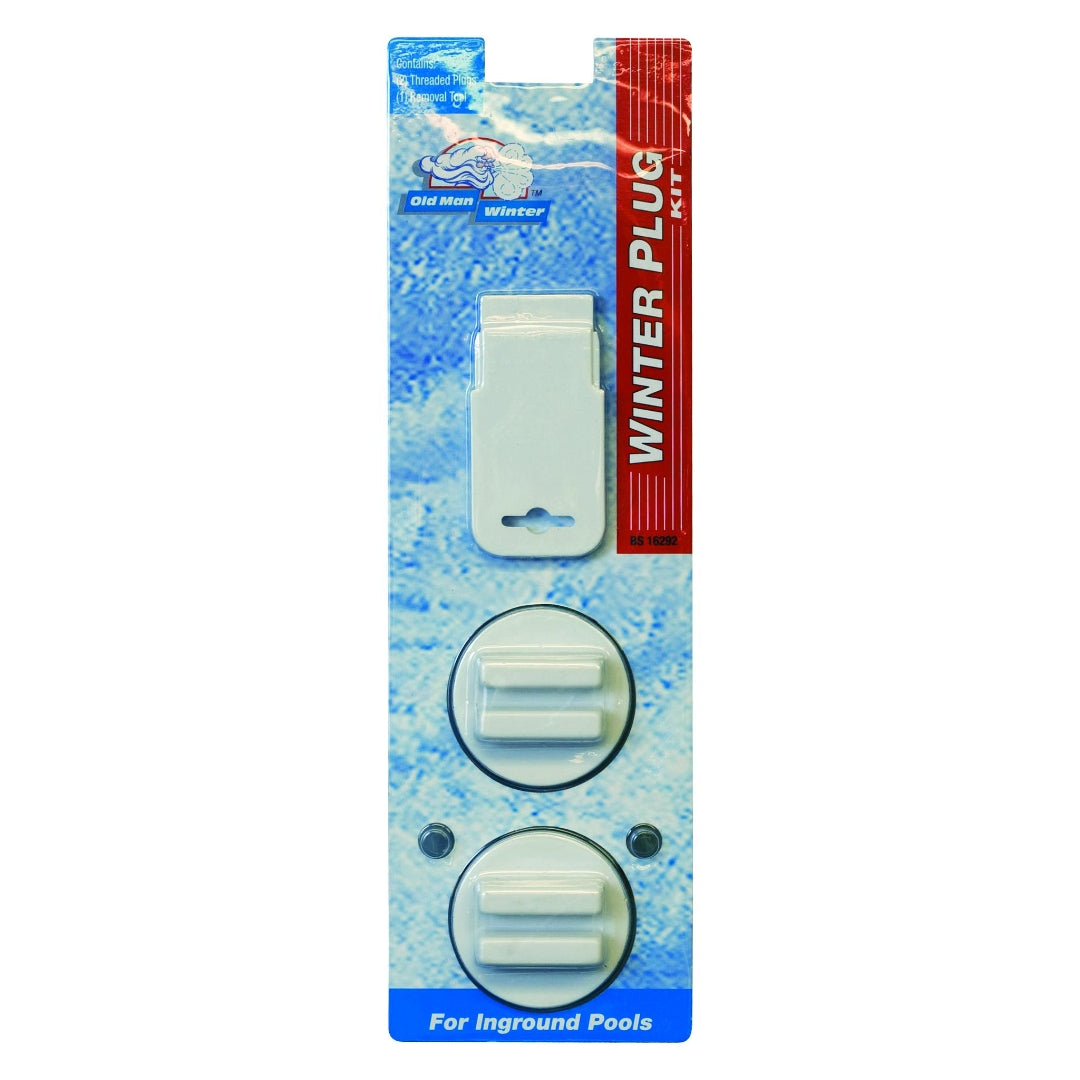 The SPD Winterizing Plug Kit with Removal Tool for inground pools includes two white threaded plugs and a white rectangular tool, offering essential winter protection. Displayed on blue with branding and instructions.