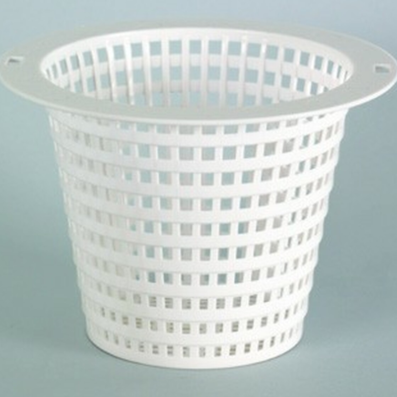 A white, round SPD Extra Deep Skimmer Basket for the Hydromatic Pre-Filter System features a grid design and two flat handles, shown on a light blue background.