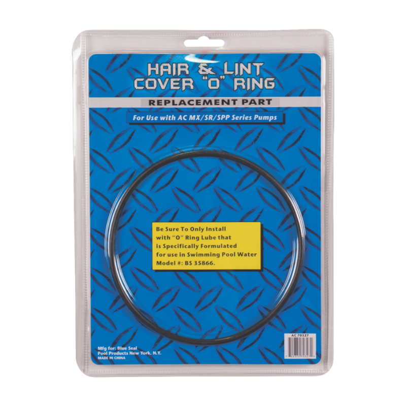 The SPD Blue Torrent O-Ring Replacement for AC-MX SR SPP Pumps serves as a hair and lint cover part. Its package has a blue diamond plate design, a yellow label, and includes installation instructions.