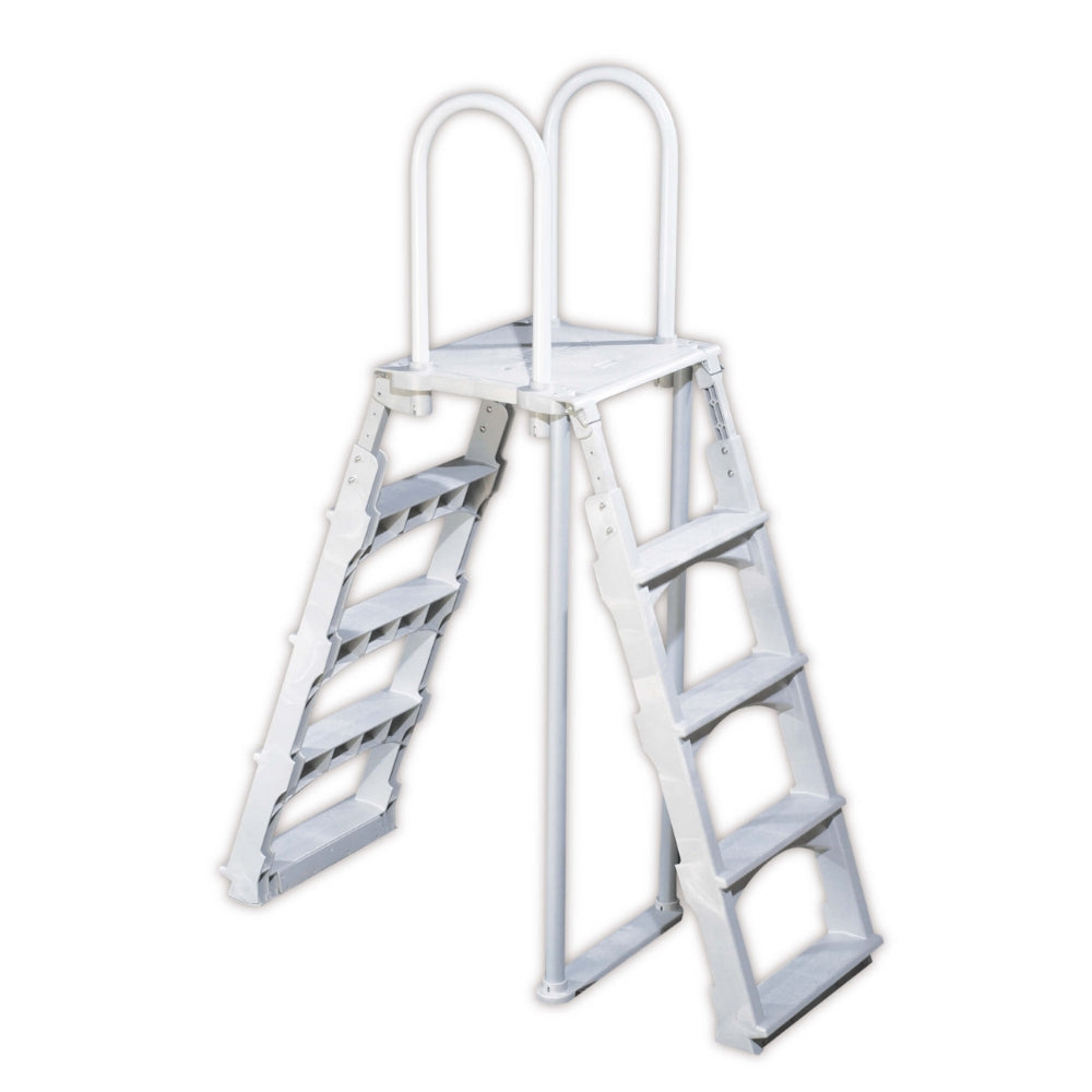 The Lomart A-Frame Entry Ladder features an adjustable height, handrails, and wide textured steps on both sides for safe and easy access to your above-ground pool.