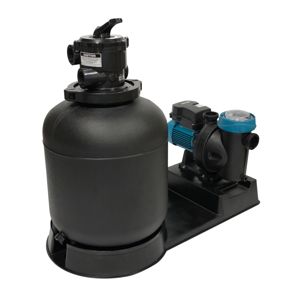 The Lomart 19 in. Spectra Sand Filter System with 1.5 HP Espa Energysaver Pump (115V) features a black and blue design with a large round filter tank, multi-port valve on top, and an energy-saving motorized pump, all sitting on a black base.