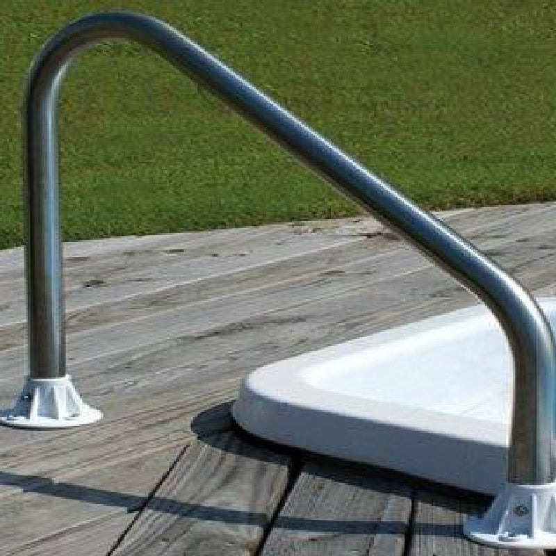 A Set of Two Stainless Steel Handrails with Flanges by Lomart is installed on a wooden deck beside the pool, with green grass in the background, providing enhanced pool safety.