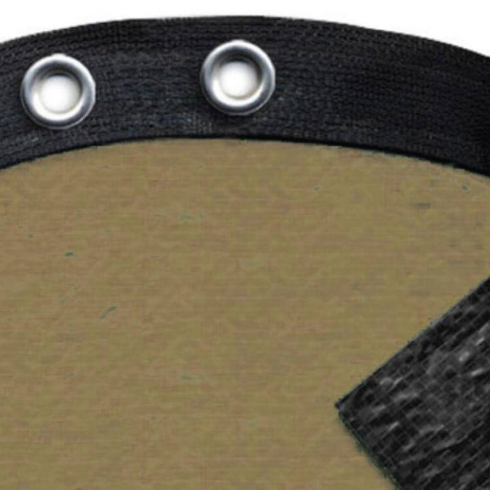 Close-up of the Lomart Supreme 12ft Round 4 ft. Overlap Winter Pool Cover in khaki with UV stabilization, black reinforced edging, two silver metal grommets, and a black corner patch for added durability.