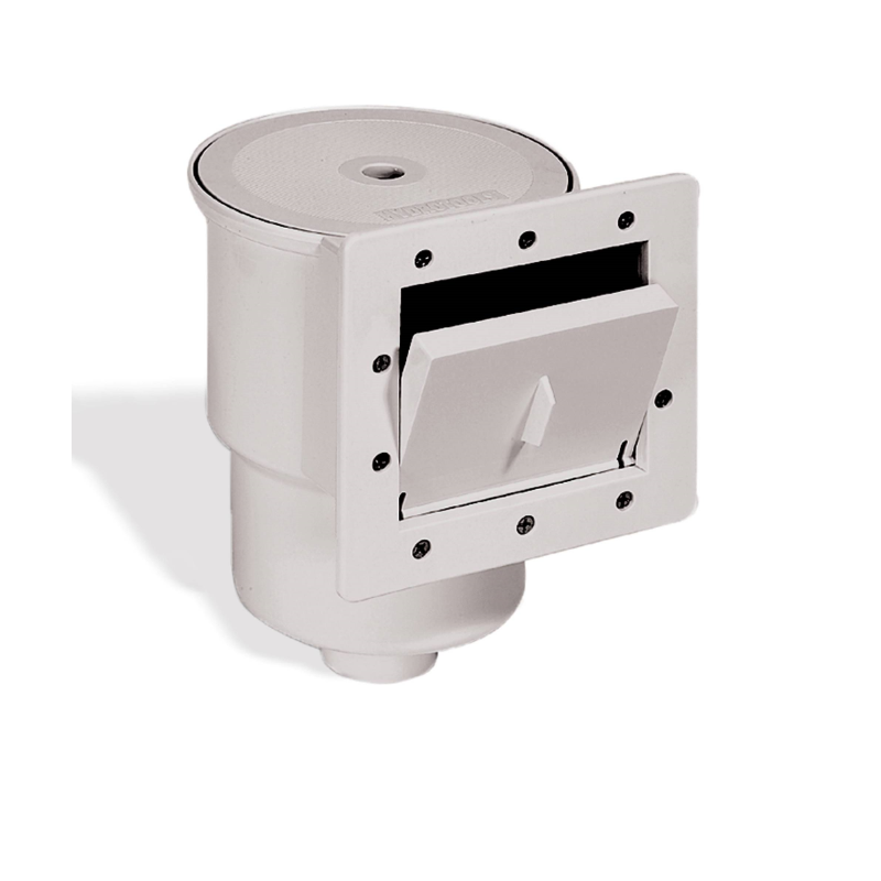 The SPD Standard Skimmer is a white pool skimmer kit with a round lid, rectangular front opening, hinged flap, and screw fastenings—ideal for above ground pools.