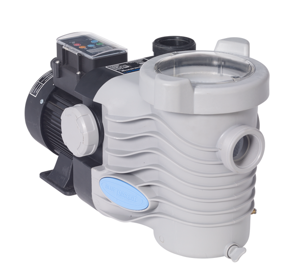 The SPD 1.0 HP Pro Series Variable Speed Pool Pump, featuring a gray and black design with a clear lid, control panel, and visible motor, is displayed on a white background.