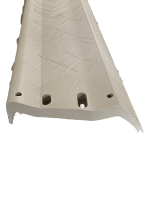The Swimming Pool Discounters 10" Resin Radial Frame - Straight Top Seat 44 5/8" is displayed on a plain white background, featuring a beige textured finish and pre-drilled holes, similar in style to an oval pool top rail.