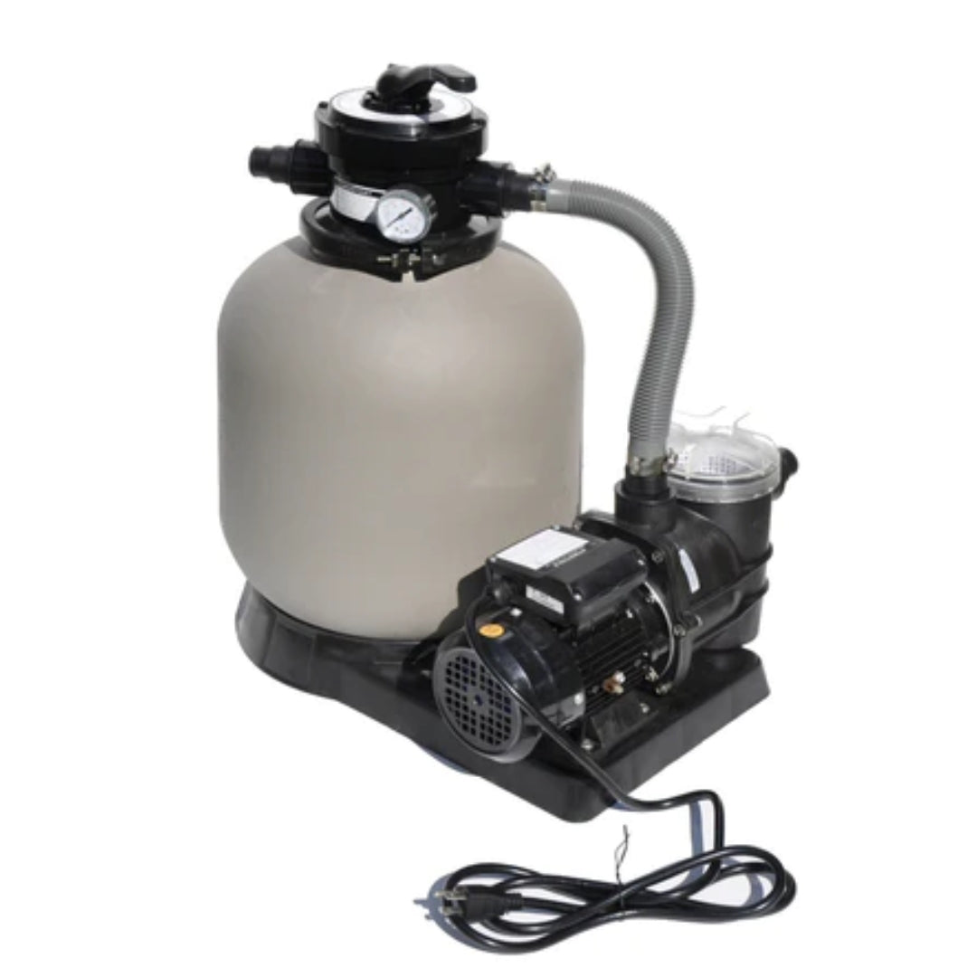 The SwimmingPoolDiscounters Sandman 14" Sand Filter and 1.0 HP Pump System features a large round beige tank, attached hoses, a black pump motor on a base, and an electrical cord—ideal for any pool filter setup.