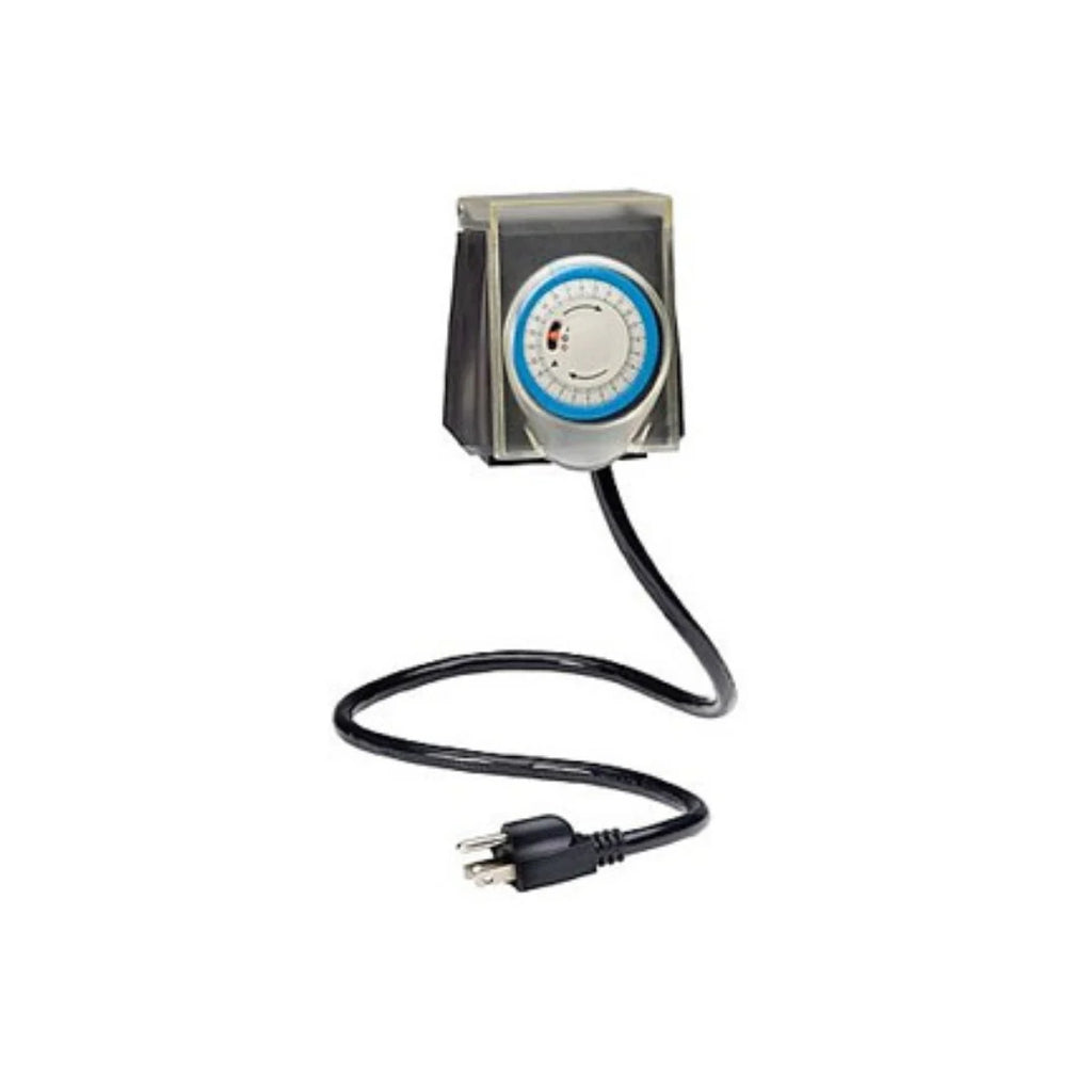 The SPD Above Ground Pool Smart Timer features a 24-hour round dial, clear cover, and black two-prong cord—perfect for automatically controlling outdoor pool equipment and other electrical devices.
