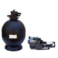 The SPD 24 in. Spectra Sand Filter stands next to the matching black 1.5 HP Super Flow pump with a transparent lid, both set against a white background.