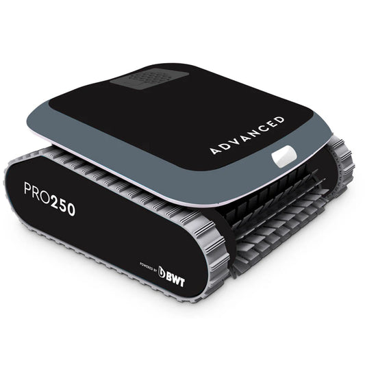 The SPD BWT Advanced Pro 250 is a black and gray pool cleaner robot with tank-like treads, a vented front, and ADVANCED labeling, designed for automated pool cleaning with advanced dual filtration.