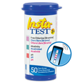 A 50-count container of SPD Insta Test 3 Plus BC Test Strips for pools and spas, designed to test free chlorine, alkalinity, and pH. The packaging features a color-block graphic of a test strip.