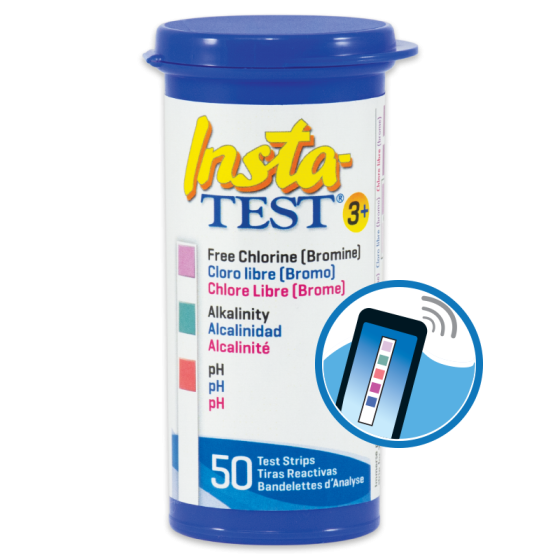 A 50-count container of SPD Insta Test 3 Plus BC Test Strips for pools and spas, designed to test free chlorine, alkalinity, and pH. The packaging features a color-block graphic of a test strip.