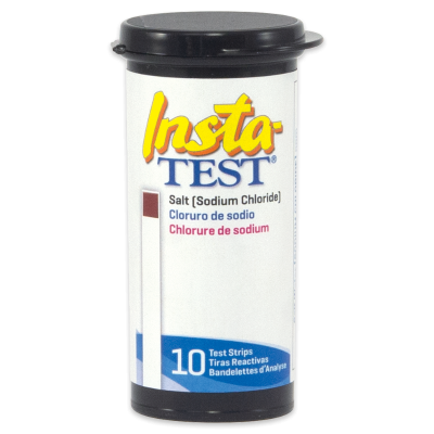 The SPD Insta Test Salt BC Test Strips come in a cylindrical container with a black lid, featuring a white label with blue, yellow, and red text. Each package includes 10 strips for testing pool and spa salt (sodium chloride) levels.