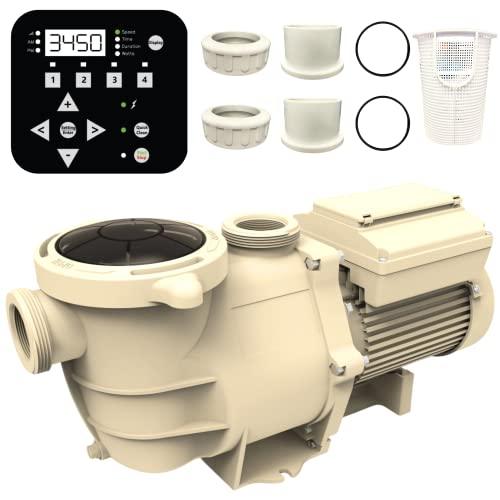 The Swimming Pool Discounters Inground 3Hp Variable Speed Pump, compatible with Pentair® Intelliflo®, features a digital control panel, includes two white fittings, two black O-rings, and a white basket strainer on a white background.