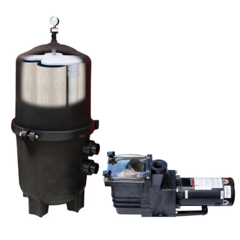 The Swimming Pool Discounters 525 Sq. Ft. Black Diamond Pressure Cartridge Filter with 1.5 HP Super Flow Pump, featuring a clear lid and pressure gauge, is shown against a white background.