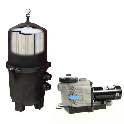 The SPD 525 Sq. Ft. Black Diamond Pressure Cartridge Filter with Reemay cartridge features gauges and valves, shown beside a 1.5 HP Blue Torrent High Speed Pump and motor, all set against a white background.