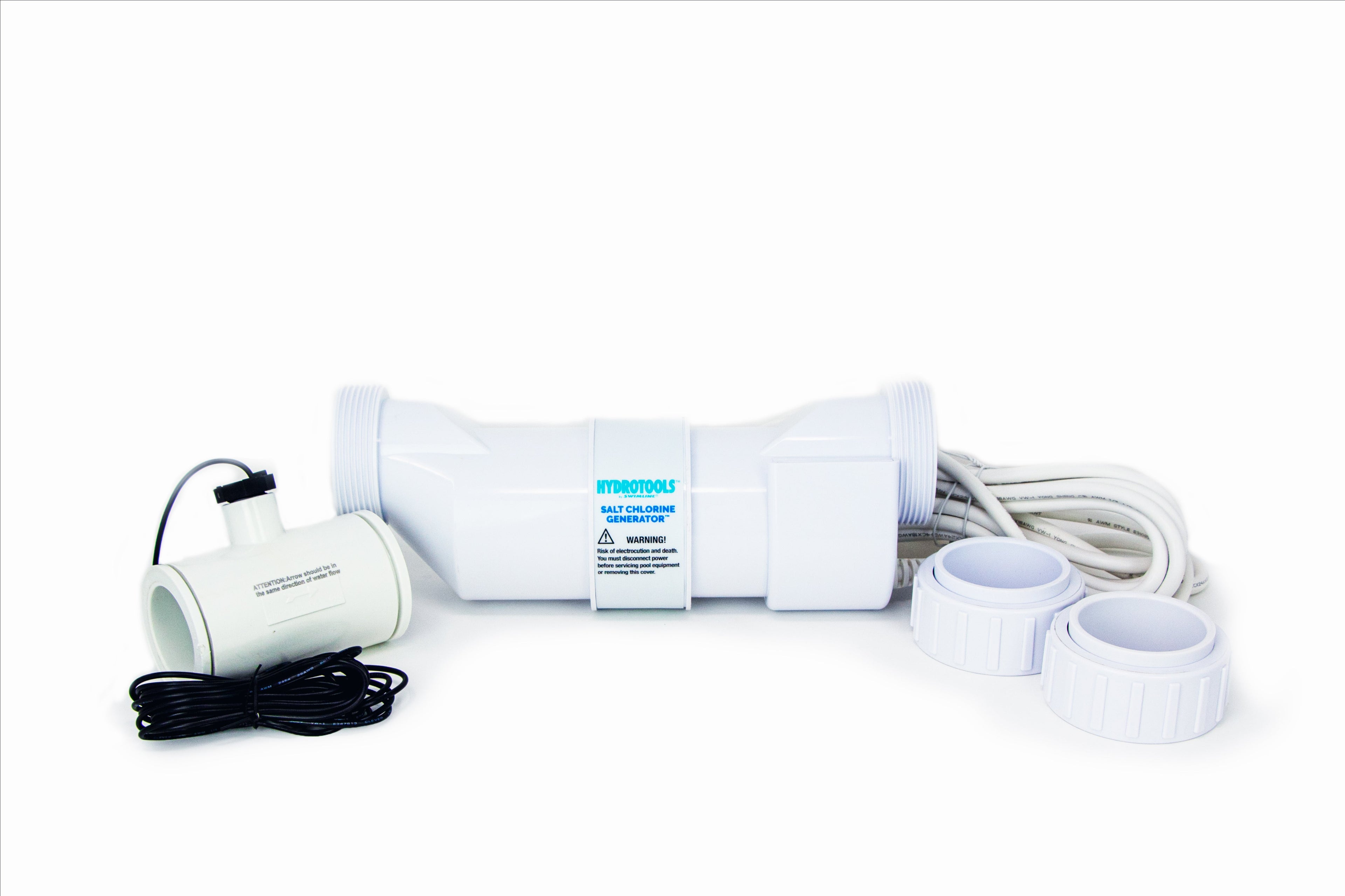 The SPD Salt Chlorine Generator for pools up to 15,000 gallons includes a white chlorinator cell with cables, a sensor with black wire, and two white threaded fittings—shown on a plain white background.