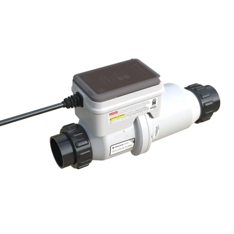 The Swimming Pool Discounters Pentair IntelliChlor Plus 40 Salt Chlorine Generator features a white and gray design, black cable, clear labels, and threaded connections for easy pool plumbing integration—ideal for pools up to 40,000 gallons.
