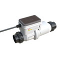 The Swimming Pool Discounters Pentair IntelliChlor LT25 Salt Chlorine Generator features a white and gray plastic housing, a black power cord, and threaded pipe connections for inline installation in pools up to 25,000 gallons.