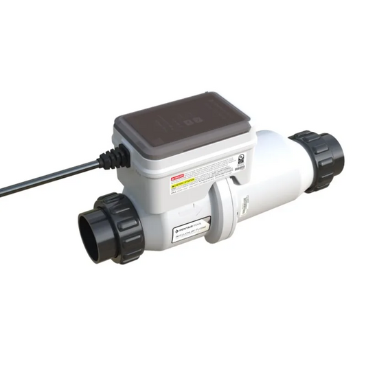 The Swimming Pool Discounters Pentair IntelliChlor LT25 Salt Chlorine Generator features a white and gray plastic housing, a black power cord, and threaded pipe connections for inline installation in pools up to 25,000 gallons.