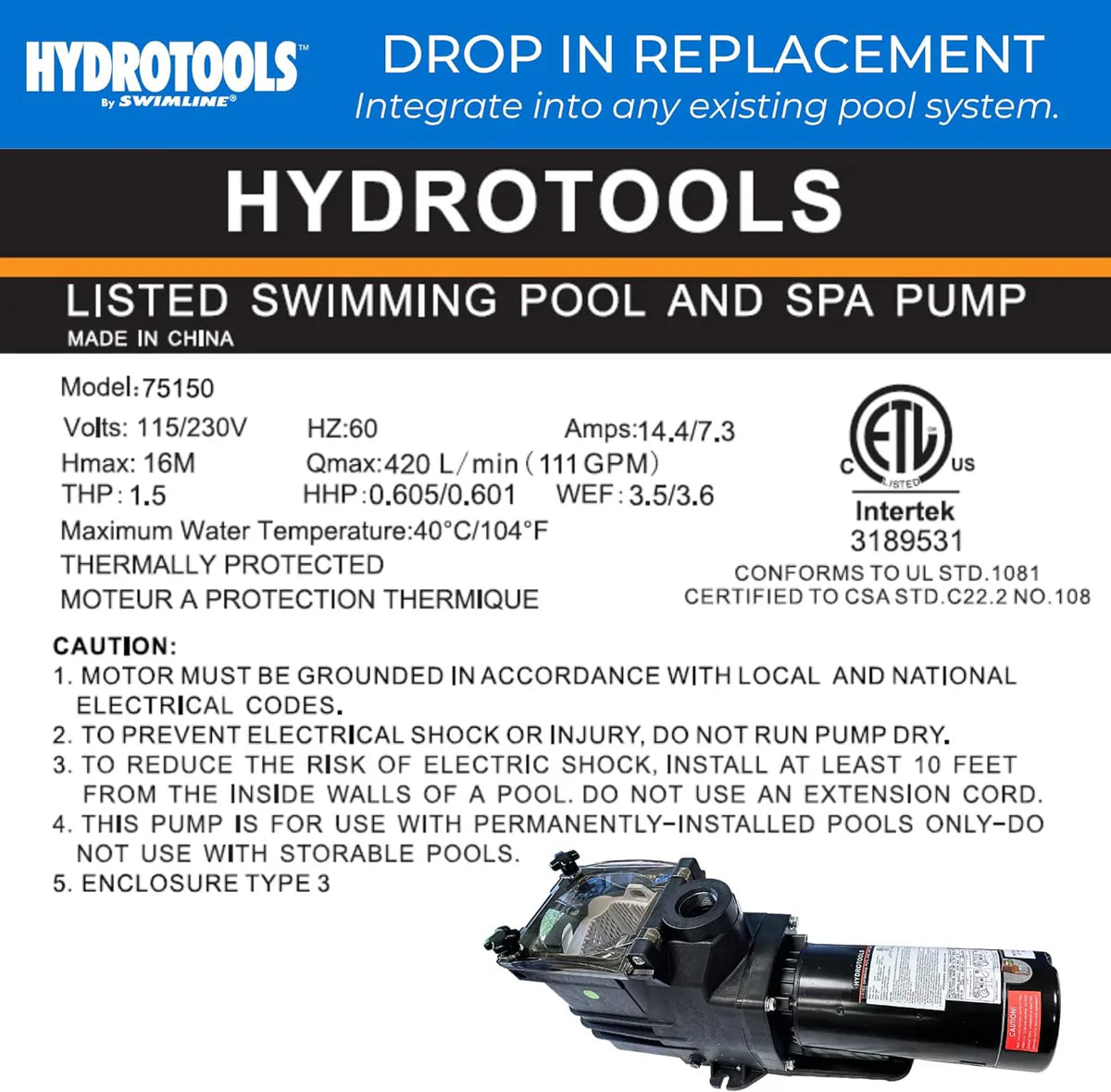 1.5 HP Replacement Pump by Hydro for Hayward Super Pump™