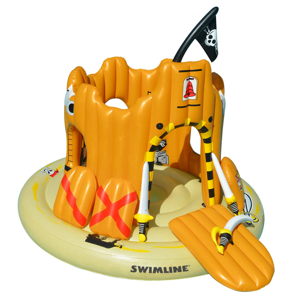 The Pirate Castle Island by Swimming Pool Discounters is a yellow and beige inflatable sandcastle pool float with a skull-and-crossbones flag, entrance ramp, inflatable swords and shields—ideal for imaginative play. "Swimline" is printed on the base.