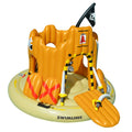 The Pirate Castle Island by Swimming Pool Discounters is a yellow and beige inflatable sandcastle pool float with a skull-and-crossbones flag, entrance ramp, inflatable swords and shields—ideal for imaginative play. "Swimline" is printed on the base.